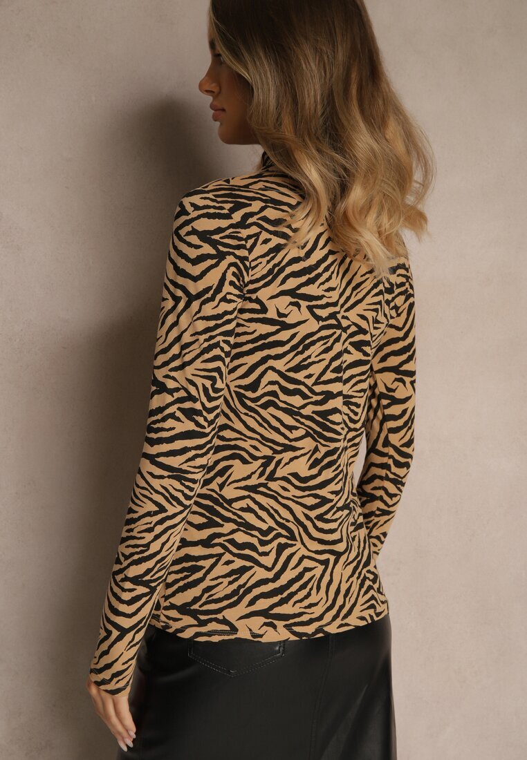 glo-story Bluză Maro din Bumbac Tip Longsleeve cu guler înalt cu imprimeu zebră Cralissa