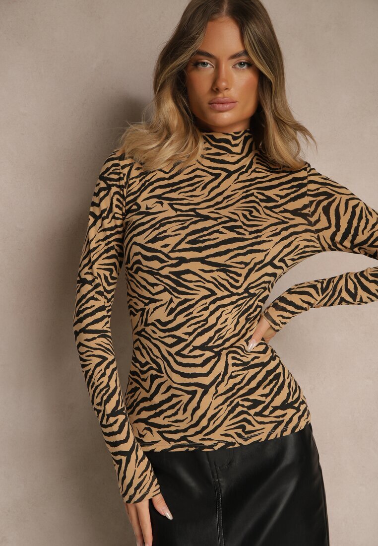 glo-story Bluză Maro din Bumbac Tip Longsleeve cu guler înalt cu imprimeu zebră Cralissa