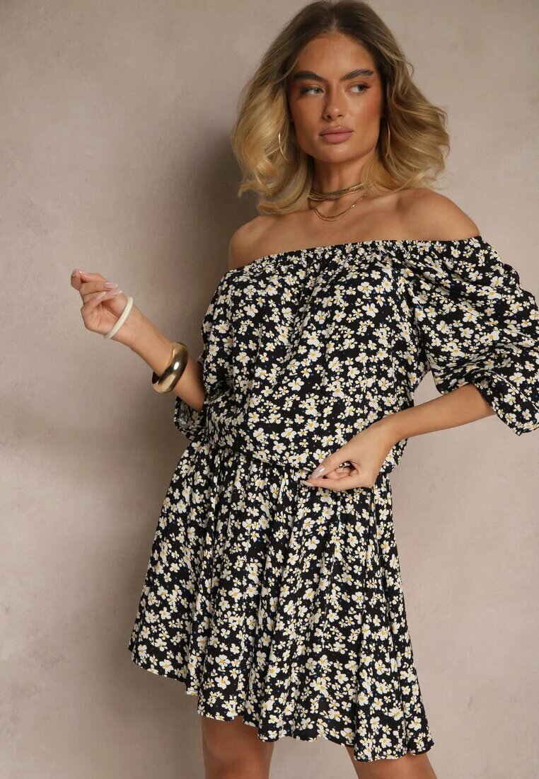 glo-story Bluză Neagră Spaniolă cu Model Floral Julivian