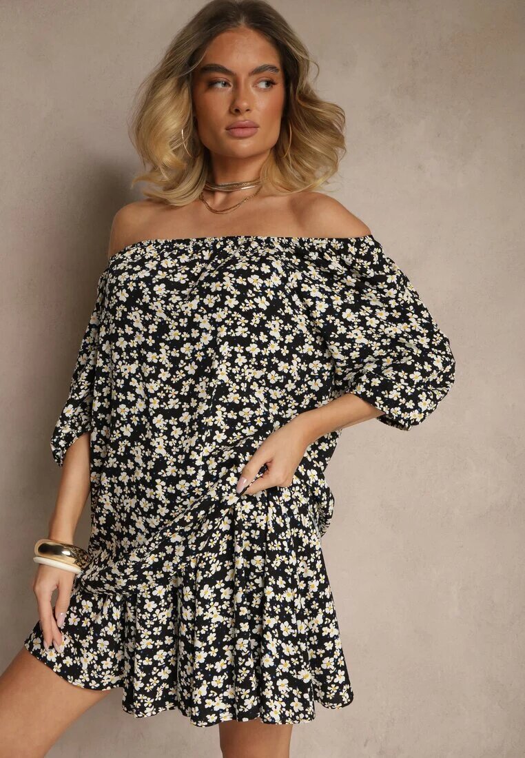 glo-story Bluză Neagră Spaniolă cu Model Floral Julivian