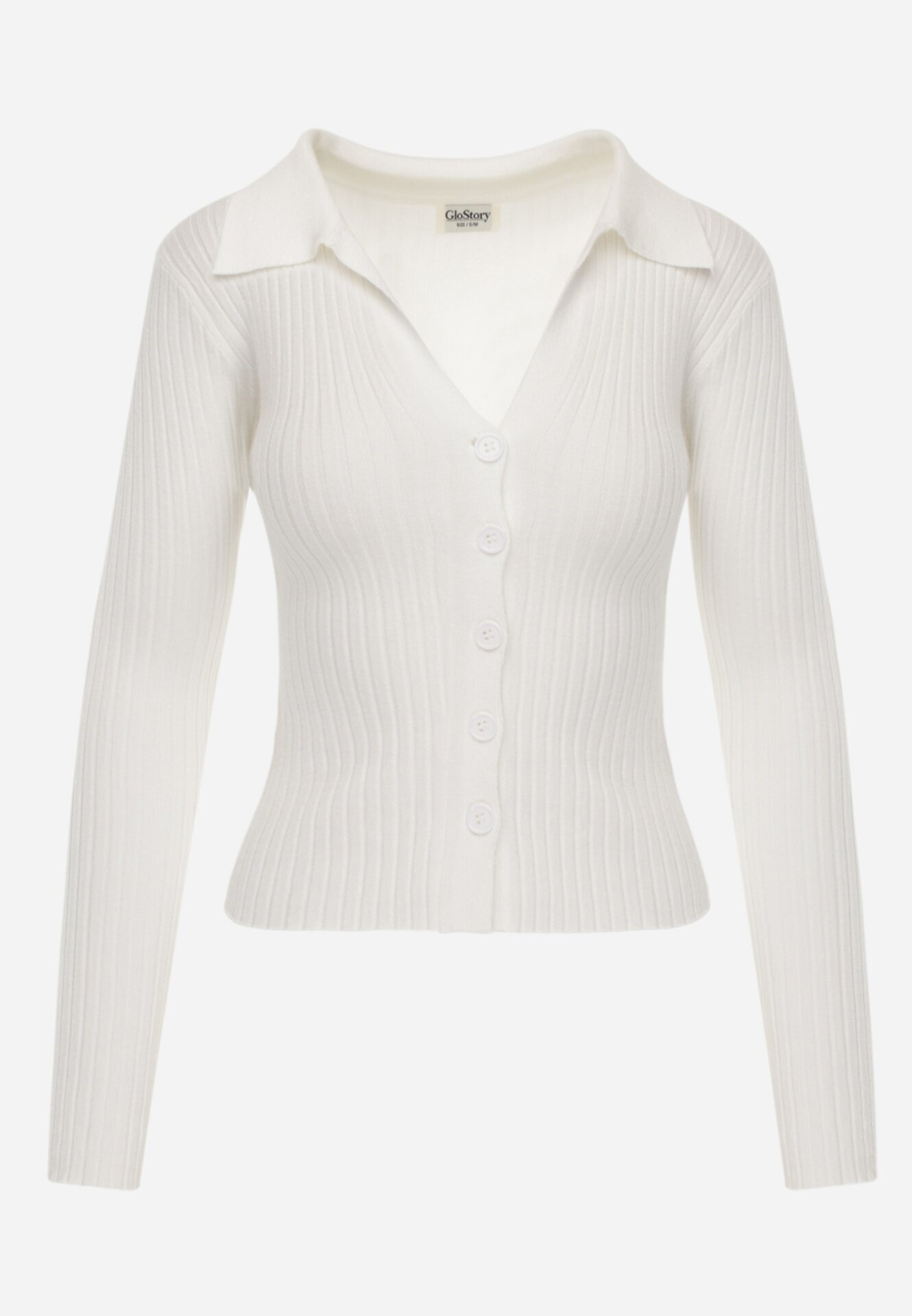 glo-story Bluză slim fit cu nasturi din tricot rib cu guler și decolteu în V Awente Albă