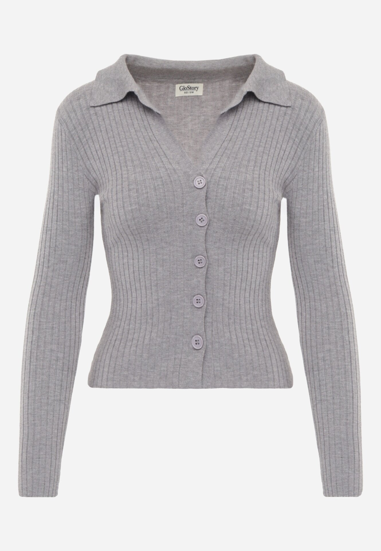 glo-story Bluză slim fit cu nasturi din tricot rib cu guler și decolteu în V Awente Gri