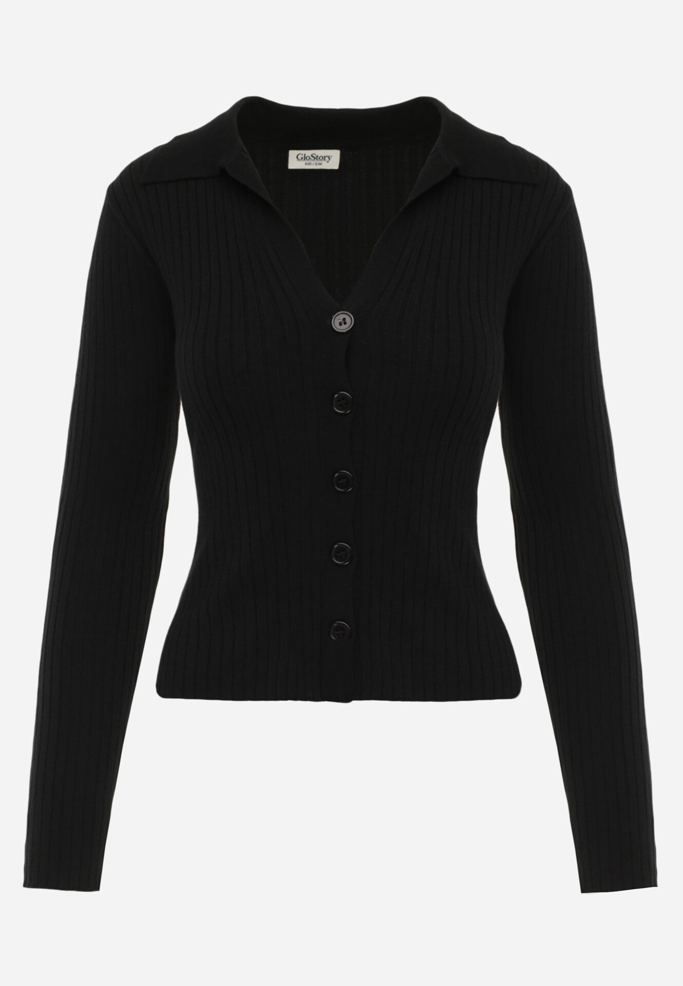 glo-story Bluză slim fit cu nasturi din tricot rib cu guler și decolteu în V Awente Neagră