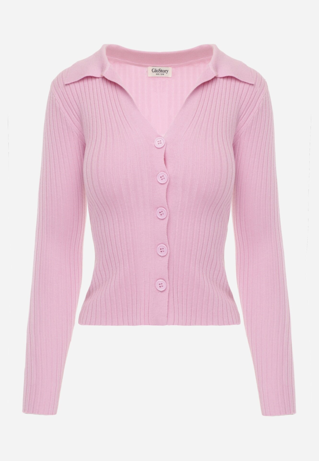 glo-story Bluză slim fit cu nasturi din tricot rib cu guler și decolteu în V Awente Roz