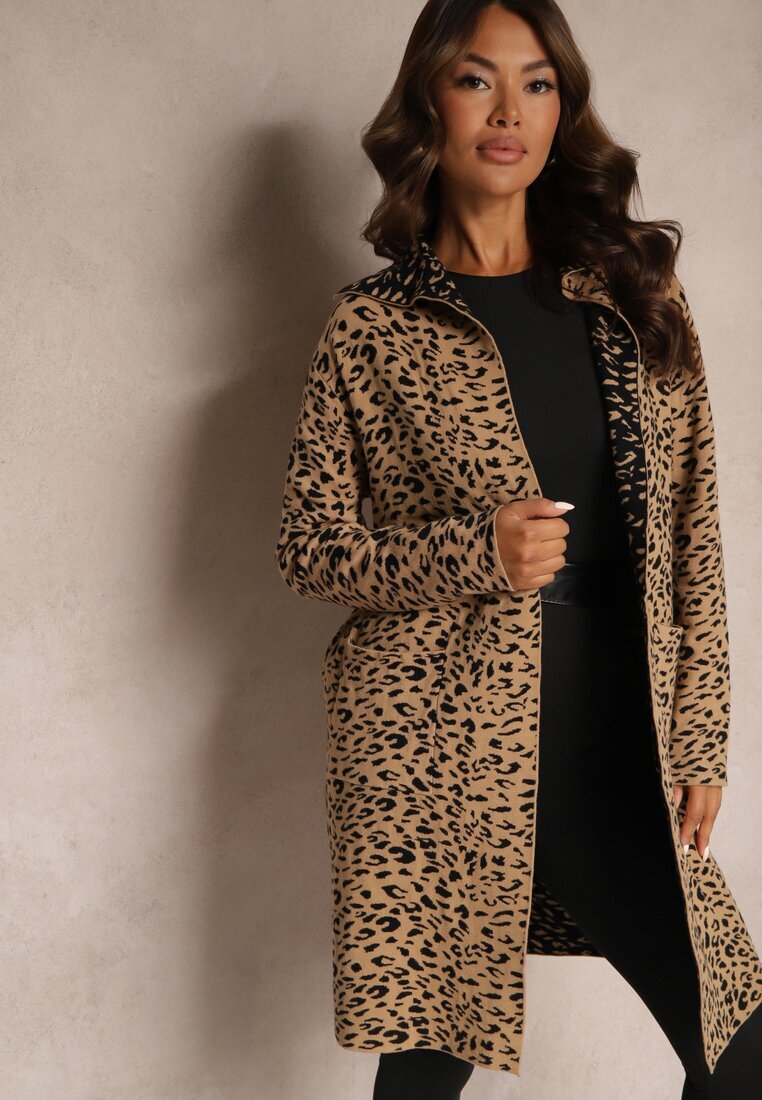 glo-story Cardigan Bej-Negru fără închidere cu buzunare cu imprimeu leopard Riaverna