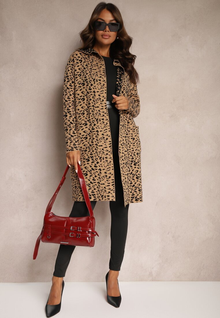 glo-story Cardigan Bej-Negru fără închidere cu buzunare cu imprimeu leopard Riaverna