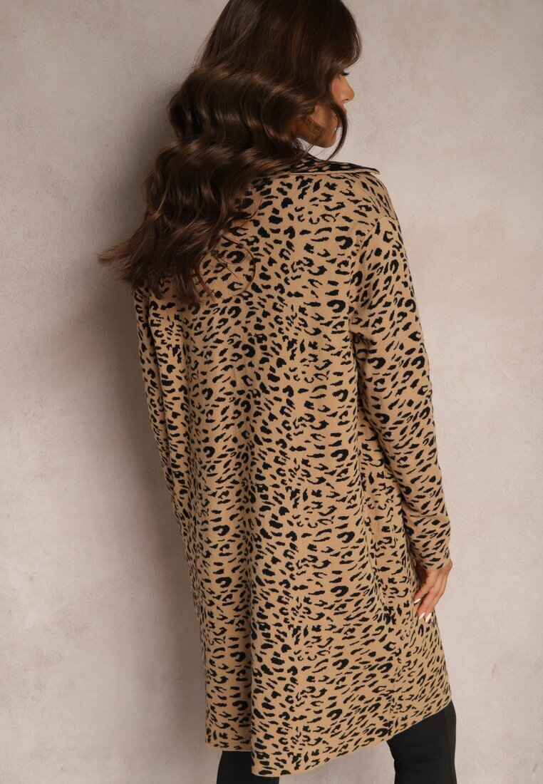 glo-story Cardigan Bej-Negru fără închidere cu buzunare cu imprimeu leopard Riaverna