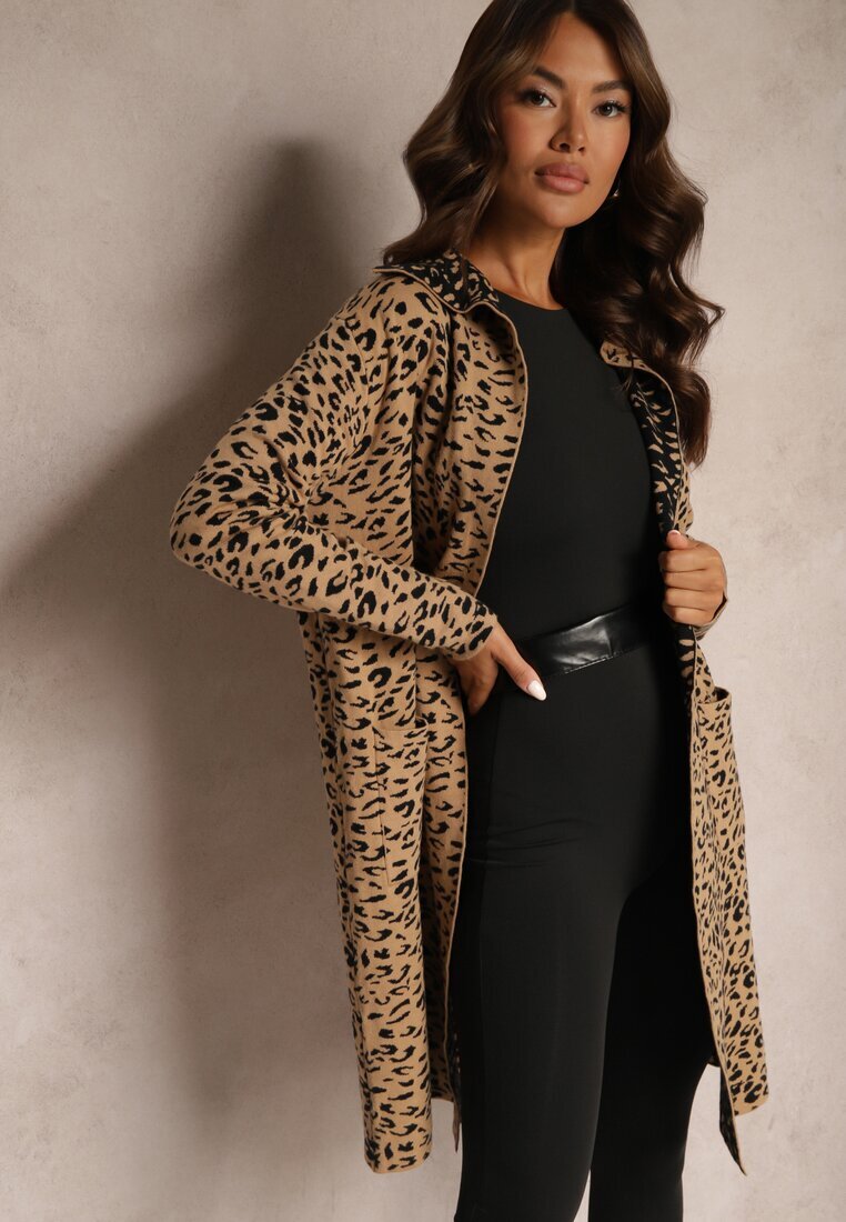 glo-story Cardigan Bej-Negru fără închidere cu buzunare cu imprimeu leopard Riaverna