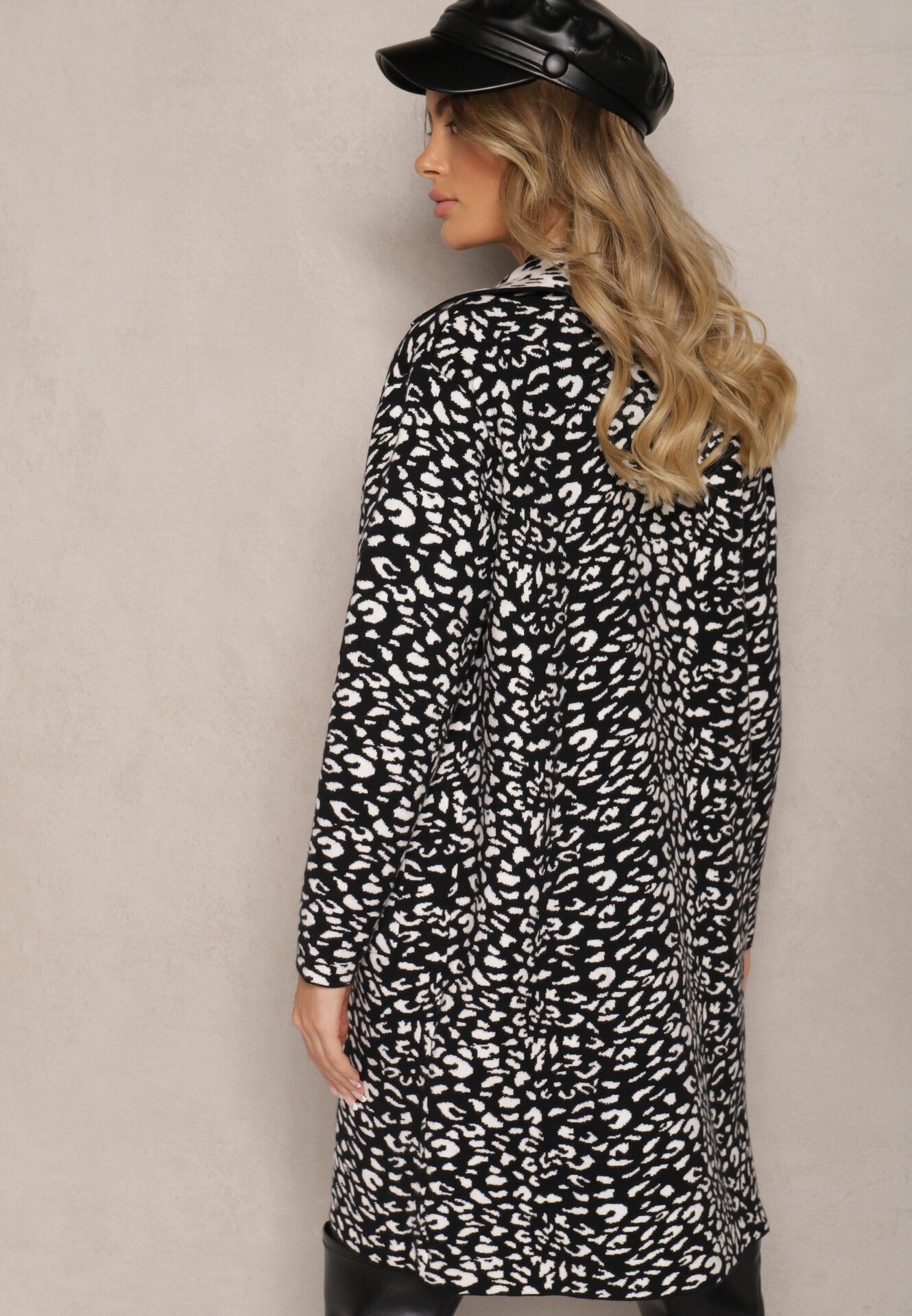 glo-story Cardigan Deschis Negru-Alb cu Buzunare cu Imprimeu Leopard Riaverna