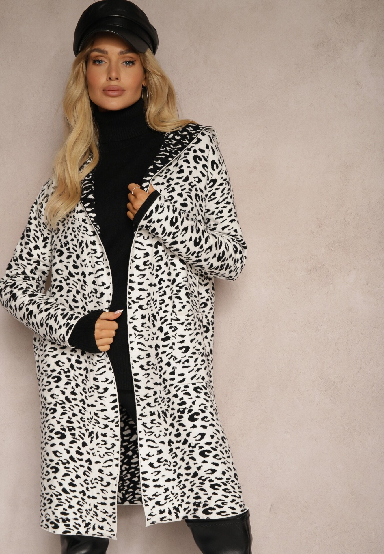 glo-story Kardigan Deschis Alb-Negru cu Buzunare cu Imprimeu Leopard Riaverna