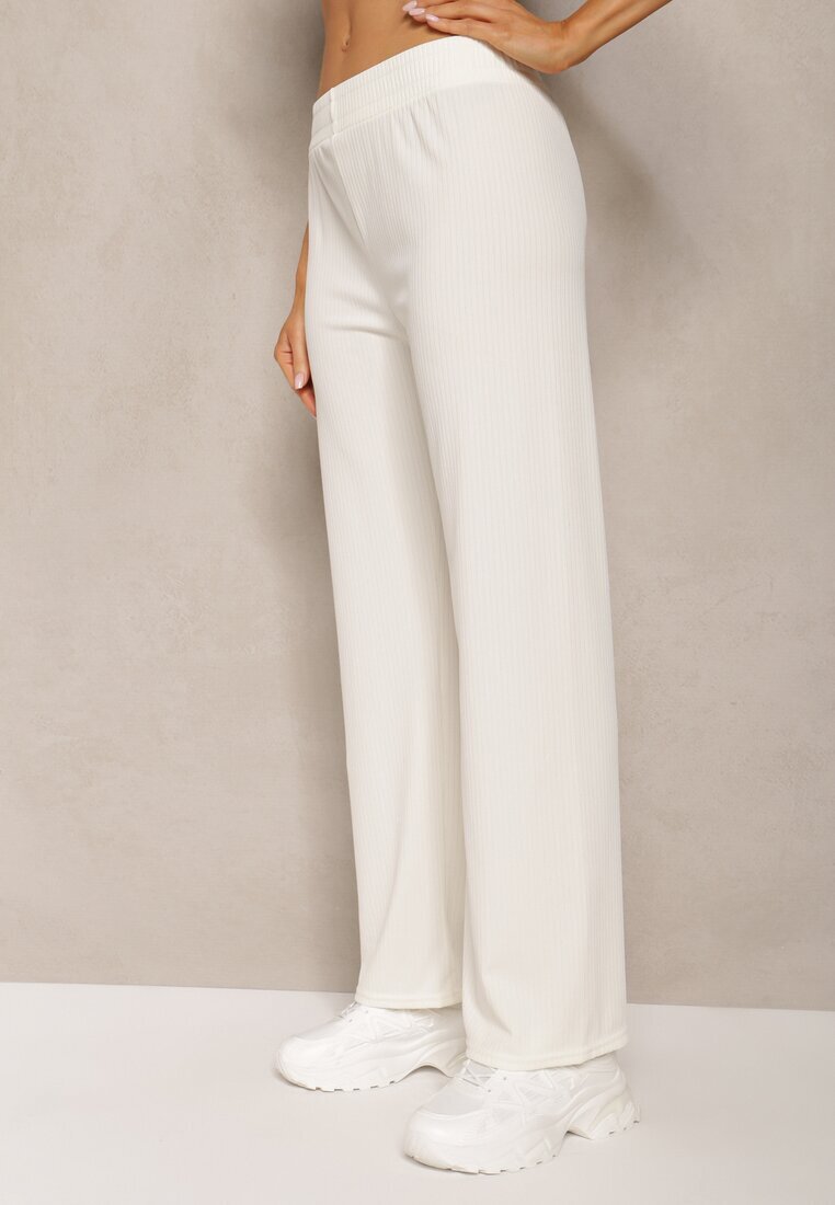 glo-story Pantaloni Albi Largi din Material cu Nervuri Delicate Kasaida