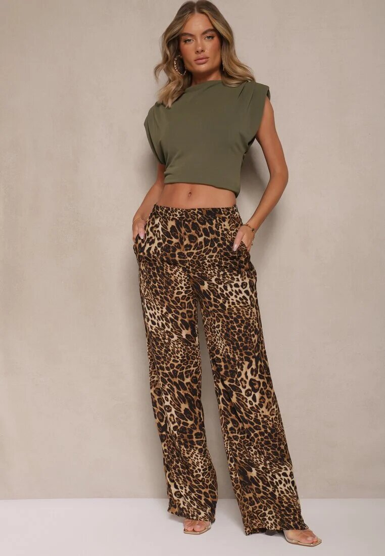 glo-story Pantaloni Bej cu imprimeu leopard cu picioare largi Talie înaltă cu închidere laterală cu fermoar Frisalie