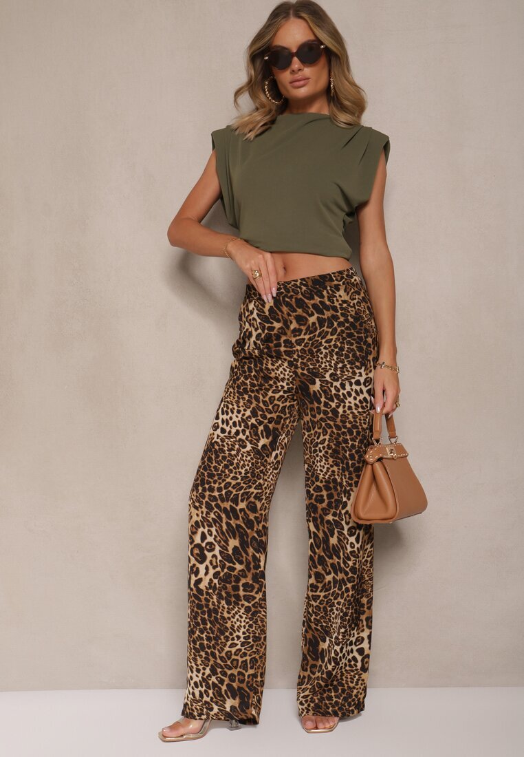 glo-story Pantaloni Bej cu imprimeu leopard cu picioare largi Talie înaltă cu închidere laterală cu fermoar Frisalie