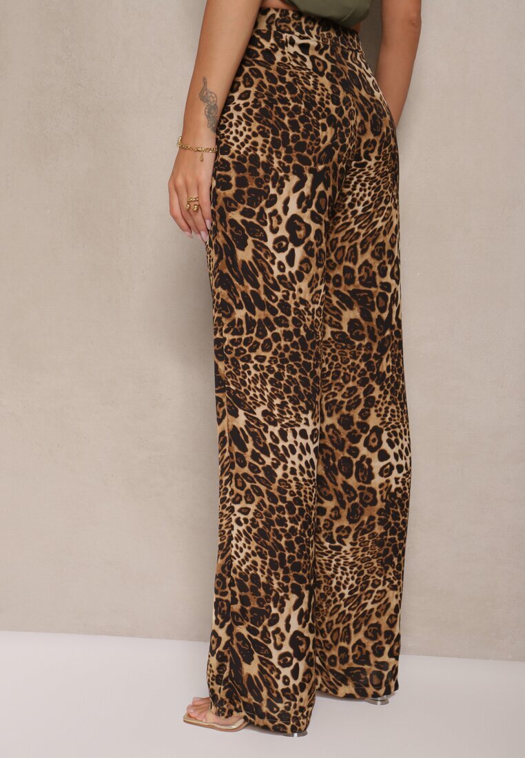 glo-story Pantaloni Bej cu imprimeu leopard cu picioare largi Talie înaltă cu închidere laterală cu fermoar Frisalie