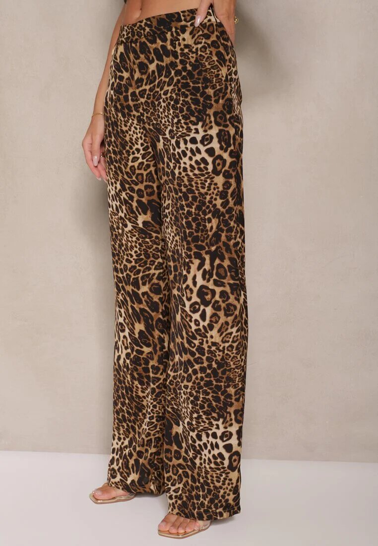 glo-story Pantaloni Bej cu imprimeu leopard cu picioare largi Talie înaltă cu închidere laterală cu fermoar Frisalie