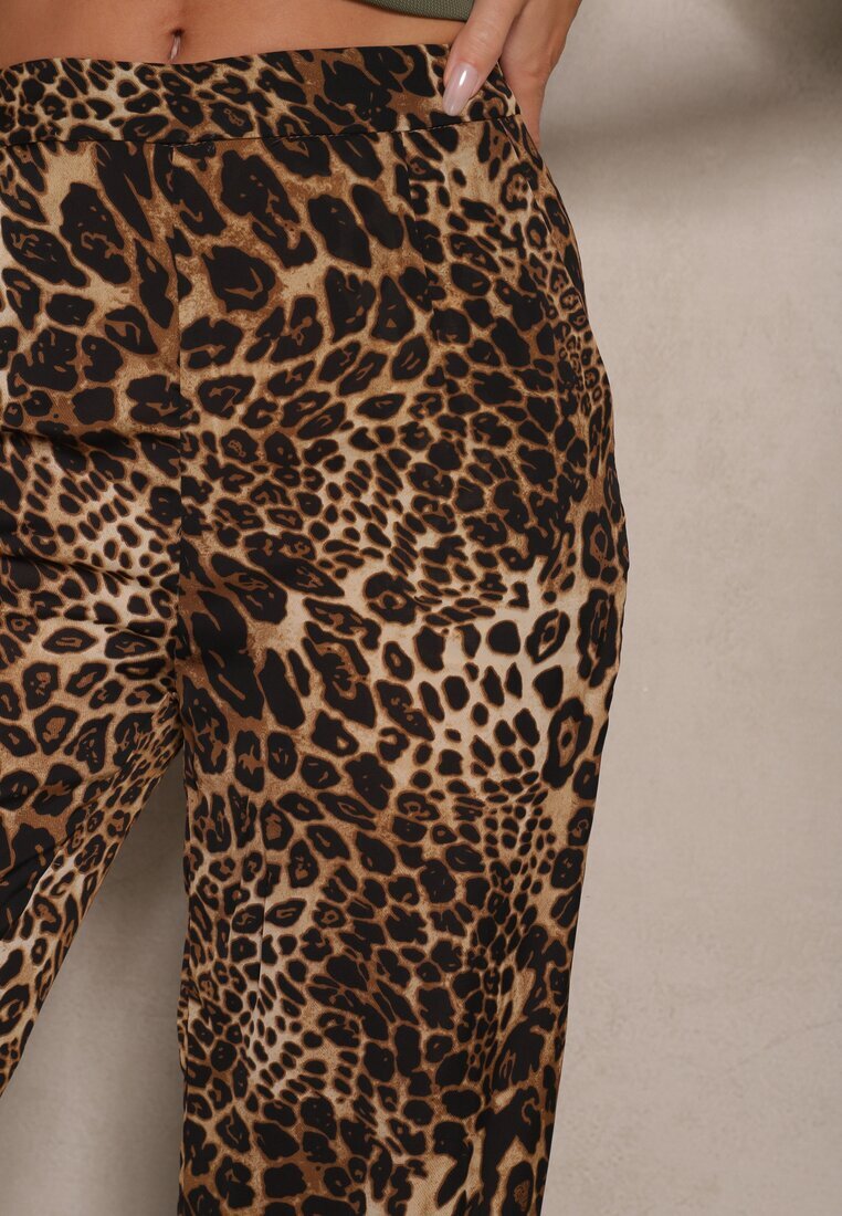 glo-story Pantaloni Bej cu imprimeu leopard cu picioare largi Talie înaltă cu închidere laterală cu fermoar Frisalie