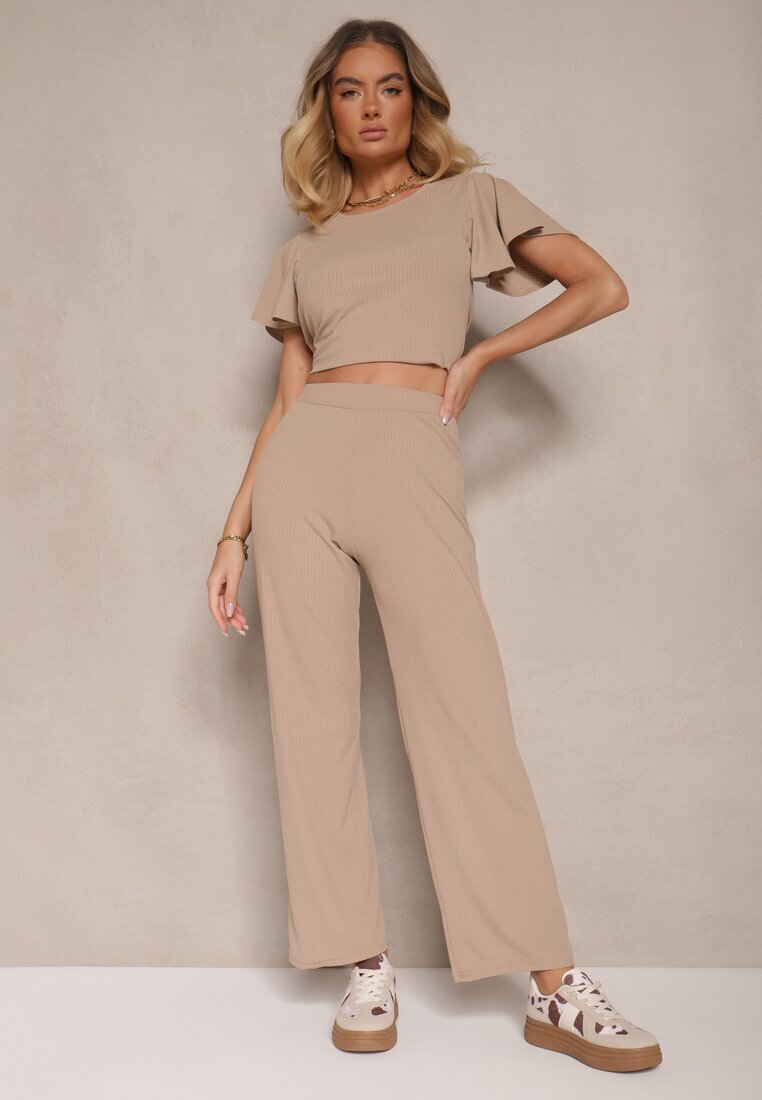 glo-story Pantaloni Bej închis Largi din Material cu striatii fine Kasaida