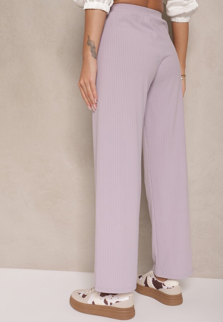 glo-story Pantaloni Largi Violet deschis din material fin reiat Kasaida