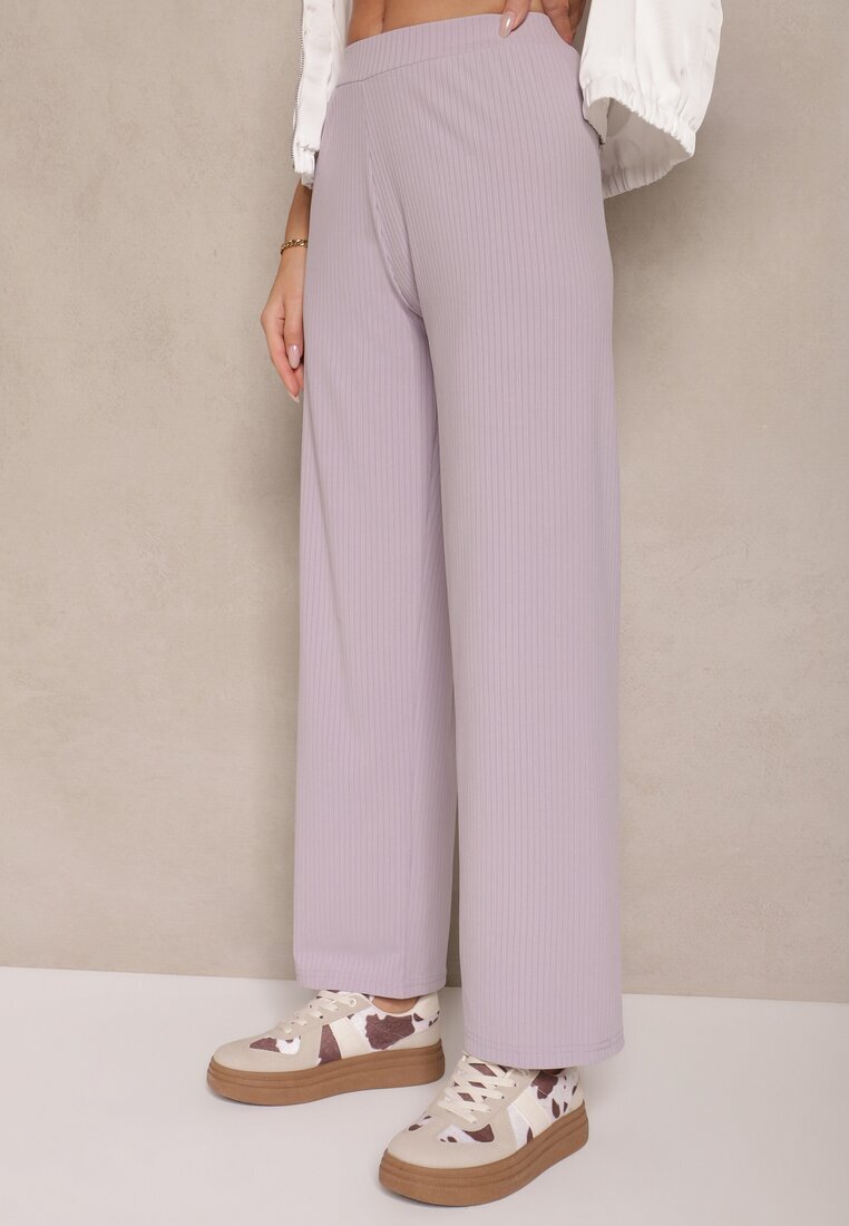 glo-story Pantaloni Largi Violet deschis din material fin reiat Kasaida