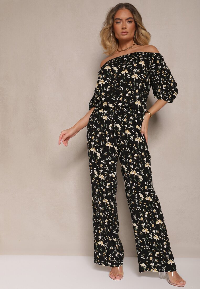 glo-story Pantaloni Negri cu Talie Înaltă cu Imprimeu Floral Zolsedi