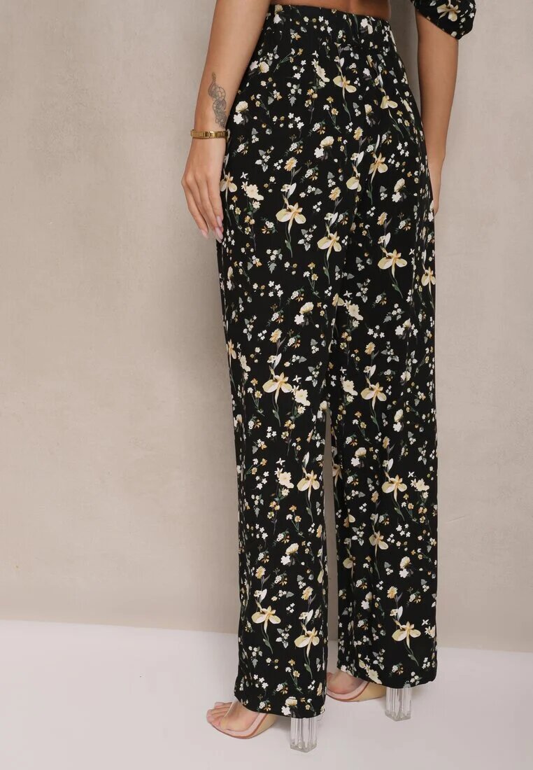 glo-story Pantaloni Negri cu Talie Înaltă cu Imprimeu Floral Zolsedi