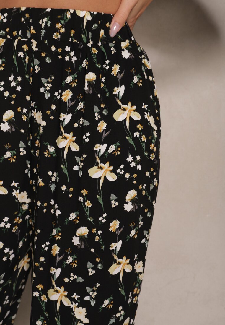 glo-story Pantaloni Negri cu Talie Înaltă cu Imprimeu Floral Zolsedi