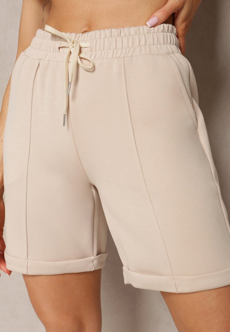 glo-story Pantaloni scurți Bej Casual High Waist cu Buzunare Finisați cu Elastic Shezetta