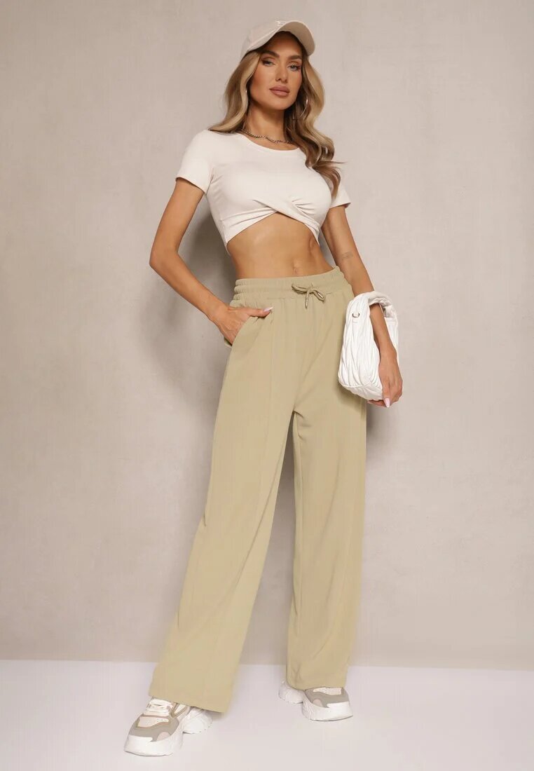 glo-story Pantaloni Verde deschis cu croială largă High Waist decorat cu șnur Deyrisse