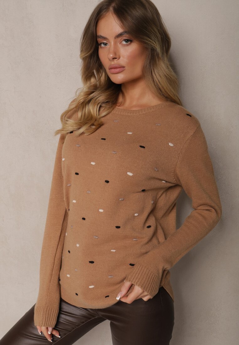 glo-story Pulover Elegant Bej închis cu Decorațiuni Brodate Delicate în față Reriala