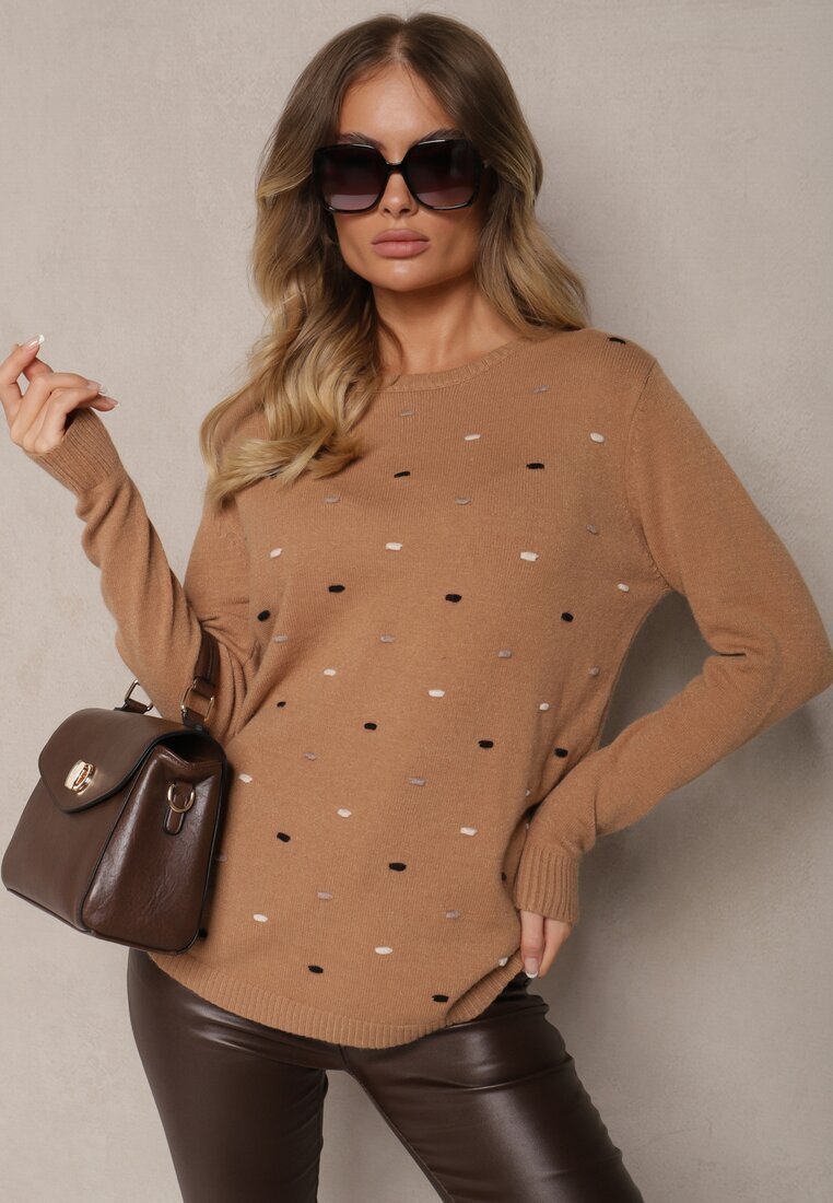 glo-story Pulover Elegant Bej închis cu Decorațiuni Brodate Delicate în față Reriala