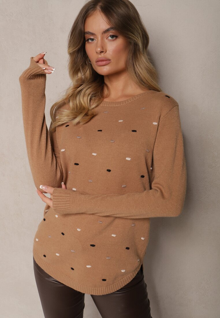 glo-story Pulover Elegant Bej închis cu Decorațiuni Brodate Delicate în față Reriala