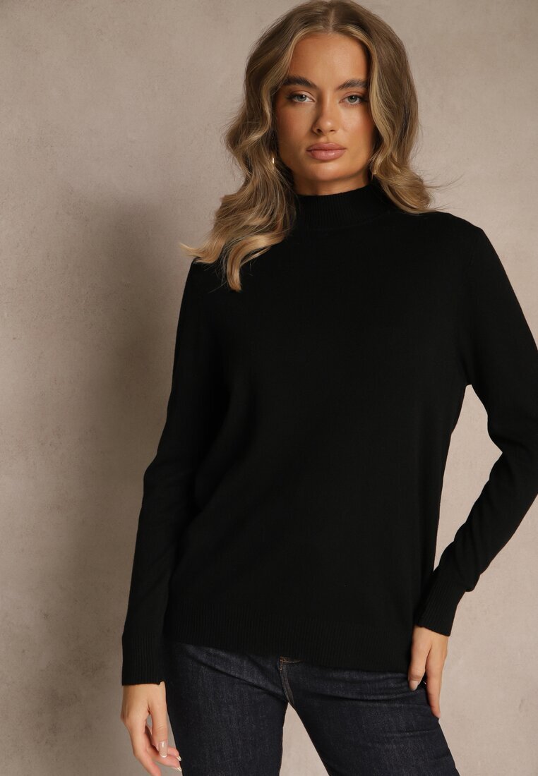 glo-story Pulover negru casual cu guler înalt în stil minimalist Seorienne