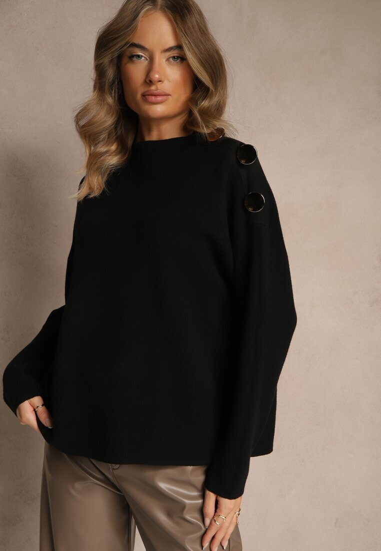glo-story Pulover Negru cu Butoane Metalice pe Umăr Ederlia