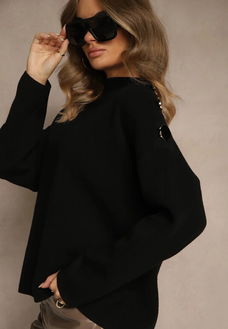 glo-story Pulover Negru cu Butoane Metalice pe Umăr Ederlia