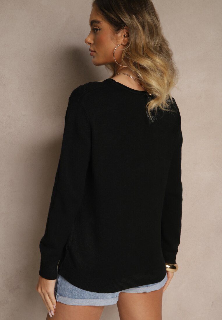 glo-story Pulover Negru cu Croi Clasic cu nasturi decorativi pe laterale Melornia