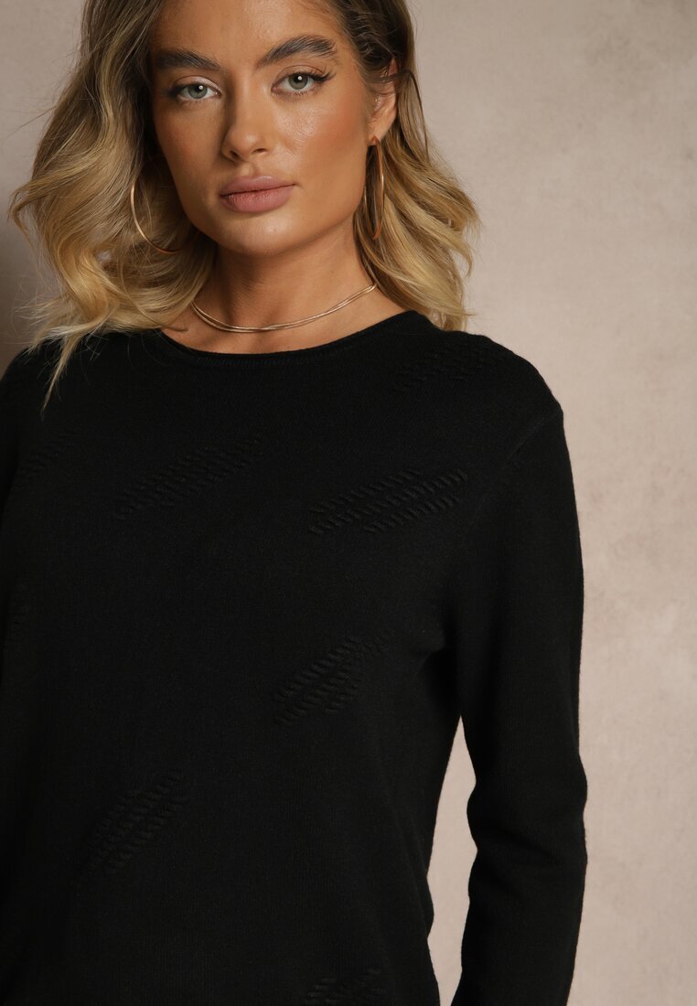 glo-story Pulover Negru cu Croi Clasic cu nasturi decorativi pe laterale Melornia