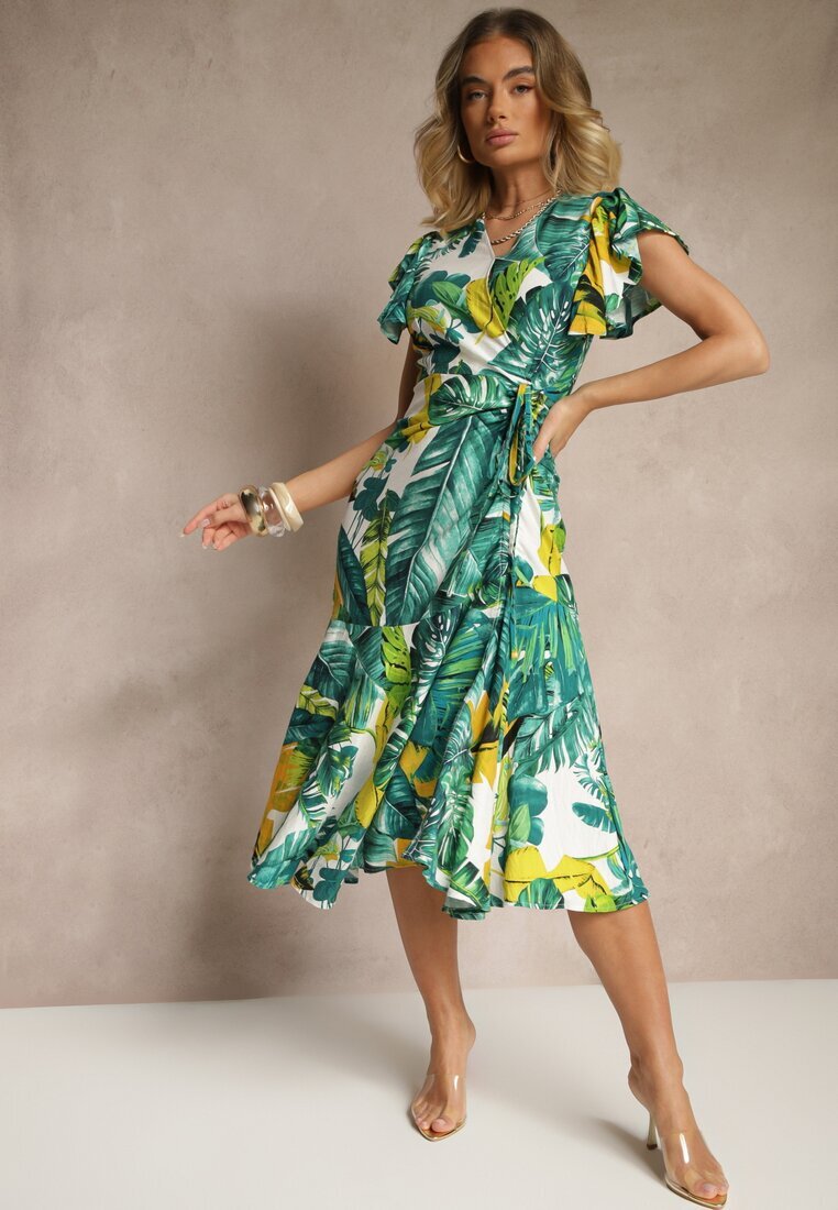 glo-story Rochie Verde cu croială evazată cu legătură cu motiv vegetal Janiraena
