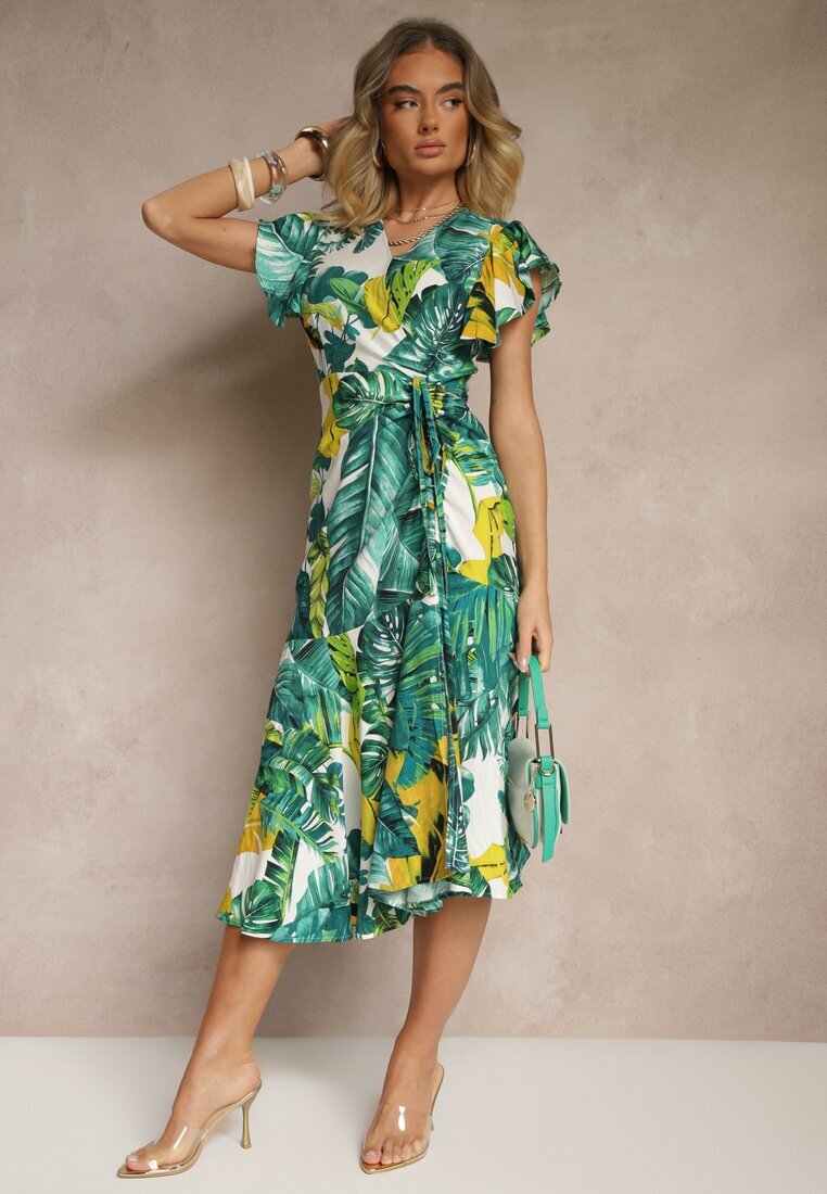 glo-story Rochie Verde cu croială evazată cu legătură cu motiv vegetal Janiraena