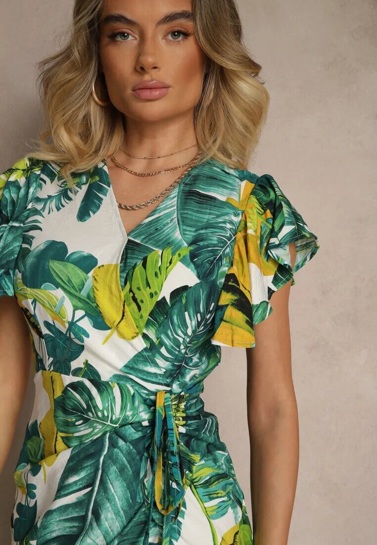 glo-story Rochie Verde cu croială evazată cu legătură cu motiv vegetal Janiraena