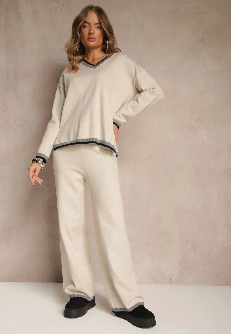 glo-story Set Tricotat Bej deschis Pulover și Pantaloni wide leg cu bandă decorativă Ralenia