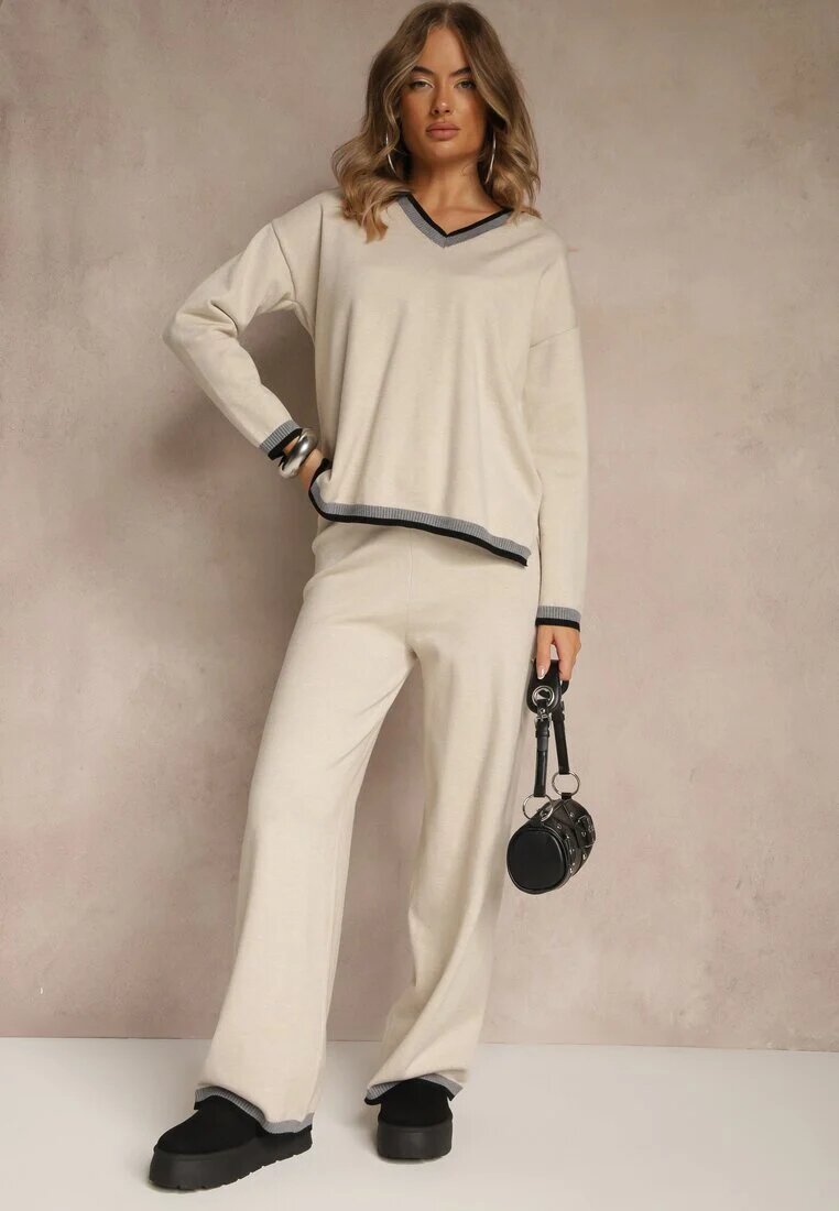 glo-story Set Tricotat Bej deschis Pulover și Pantaloni wide leg cu bandă decorativă Ralenia