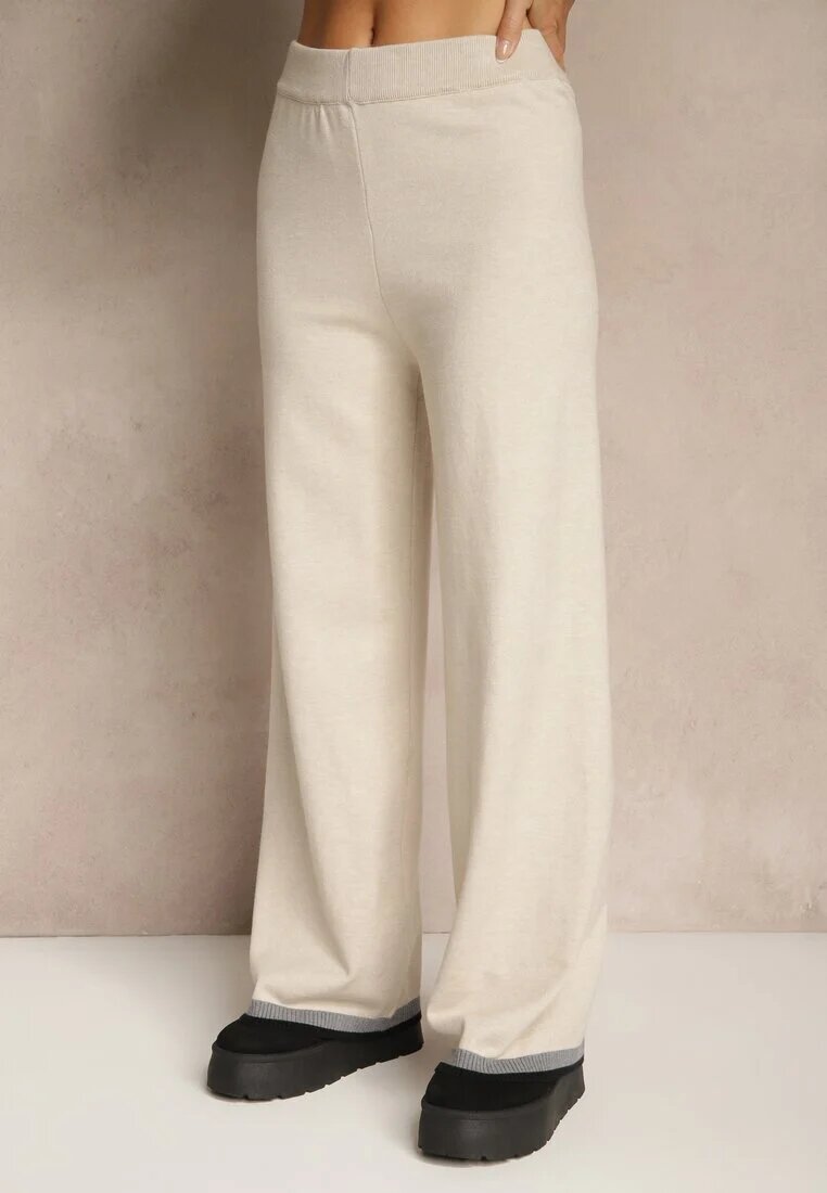 glo-story Set Tricotat Bej deschis Pulover și Pantaloni wide leg cu bandă decorativă Ralenia