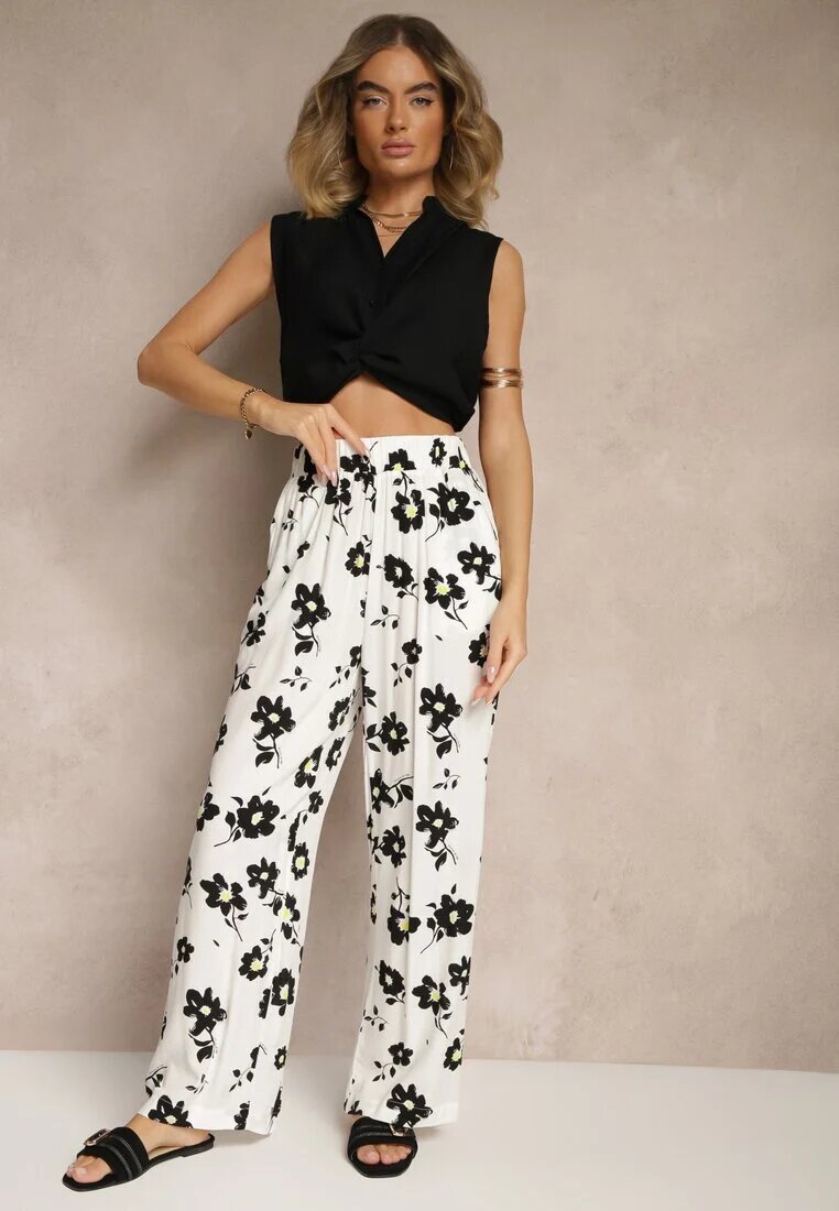 glo-story Spodnie Białe Largi High Waist cu model floral Elsedia