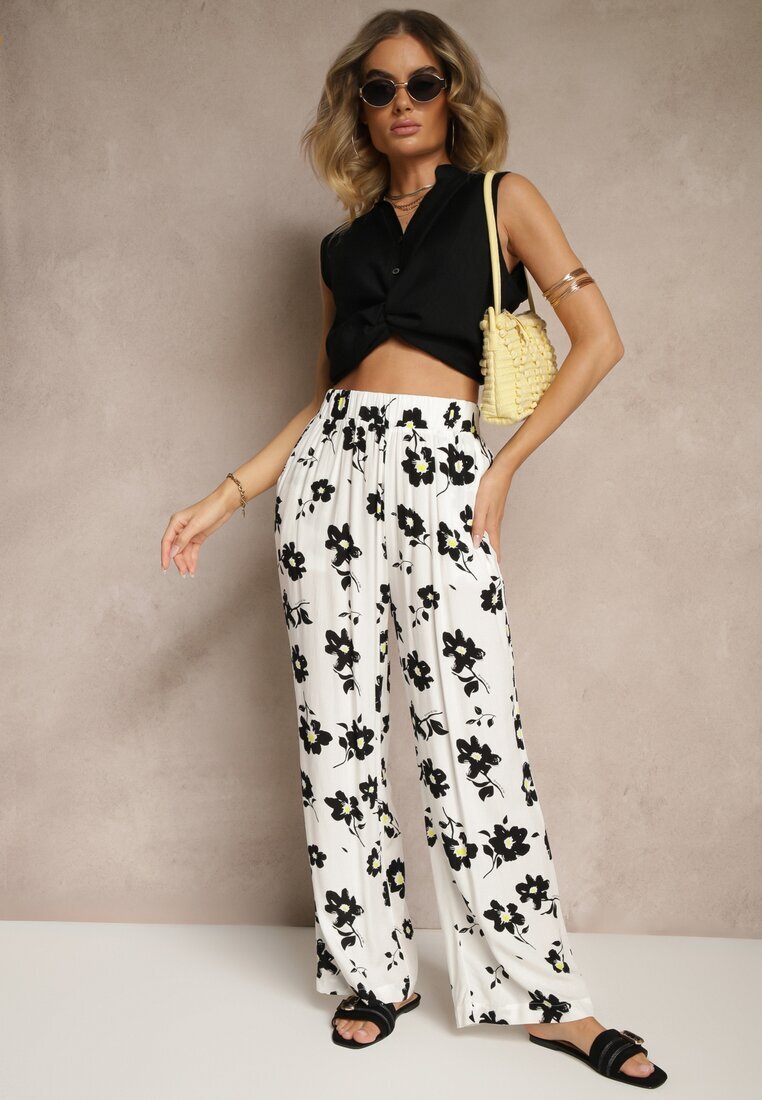 glo-story Spodnie Białe Largi High Waist cu model floral Elsedia