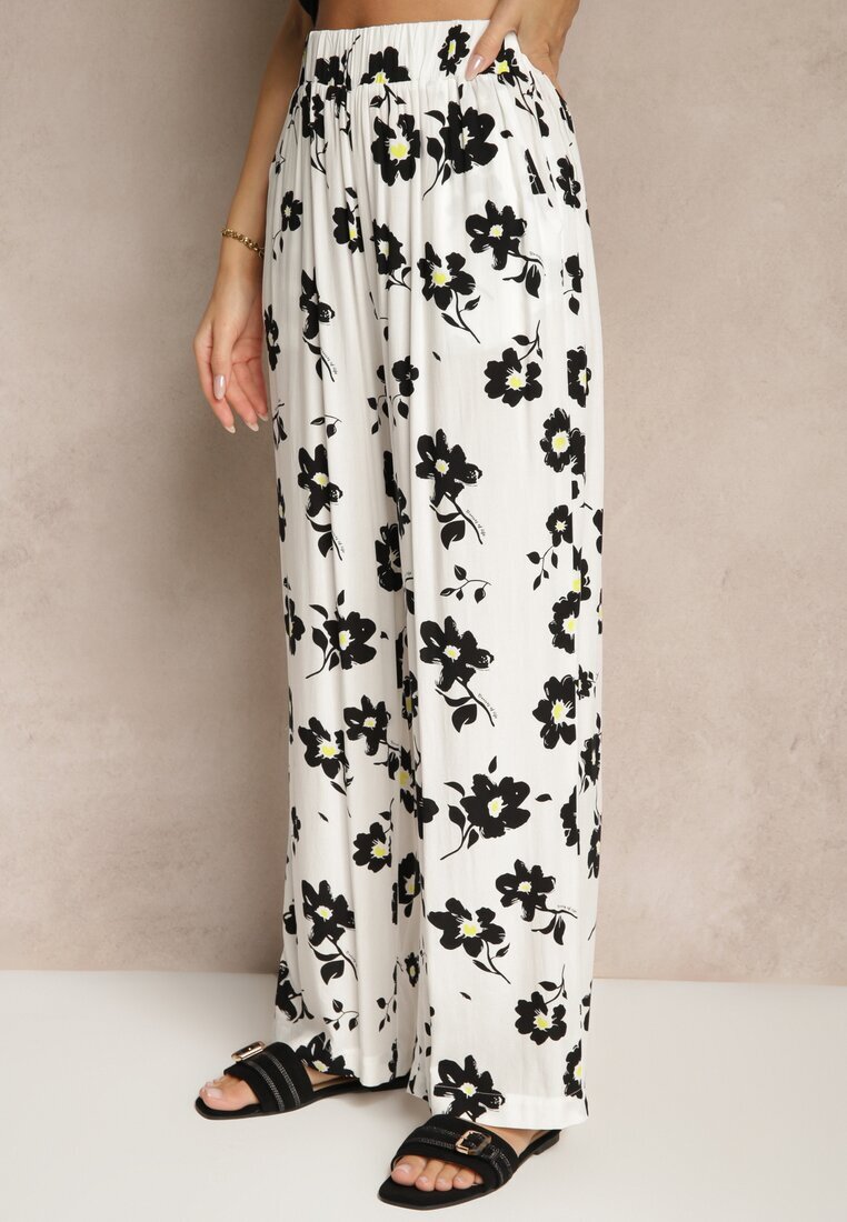 glo-story Spodnie Białe Largi High Waist cu model floral Elsedia