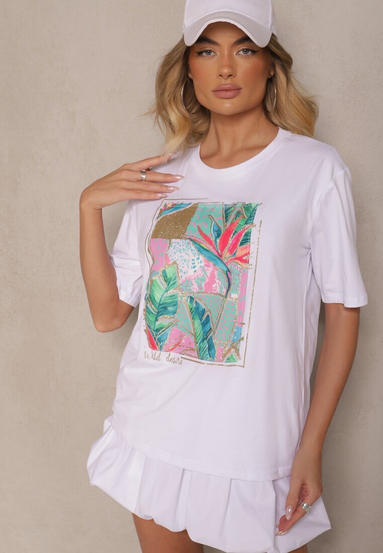 glo-story T-shirt Alb din Bumbac Decorat cu Sclipici Isadelle