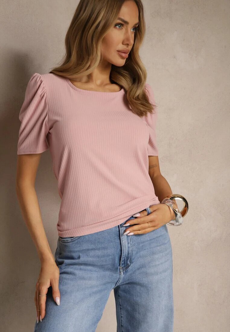glo-story T-shirt Roz din Țesătură Reiată cu Pliuri la Mâneci Kolaniella