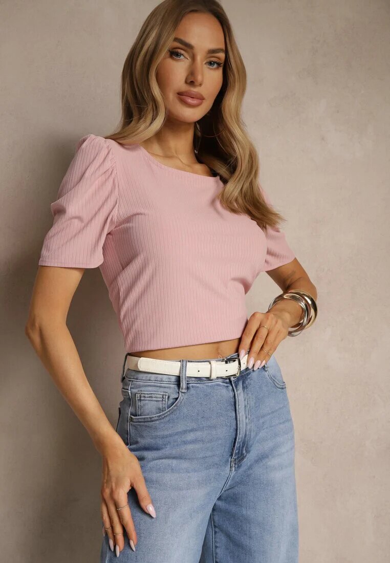 glo-story T-shirt Roz din Țesătură Reiată cu Pliuri la Mâneci Kolaniella