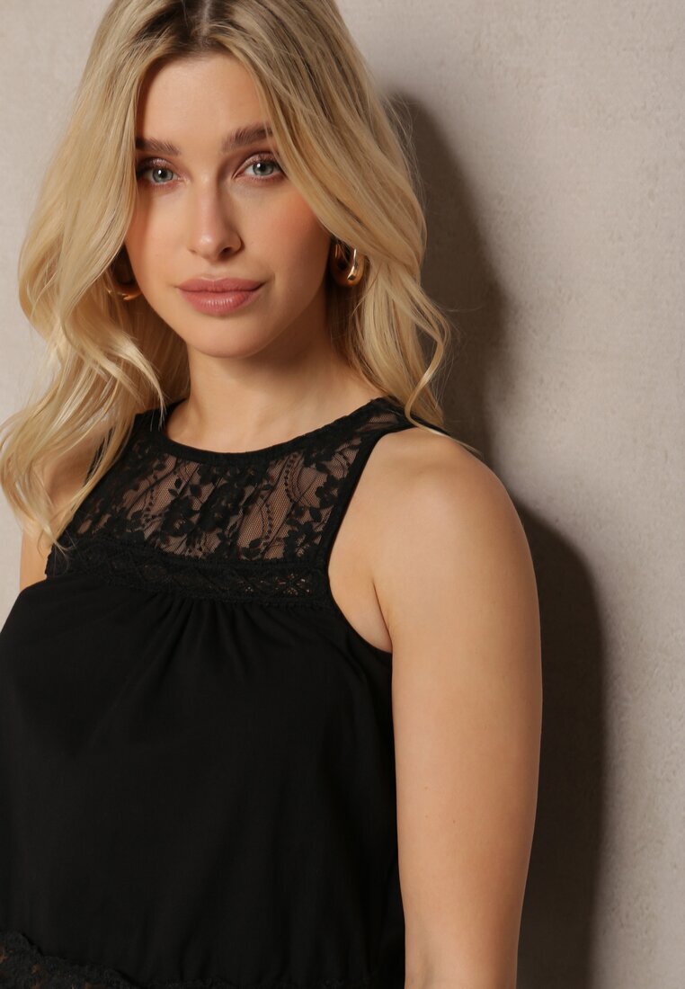glo-story Top Negru din Bumbac Decorat cu Dantelă și Volănaș Larana