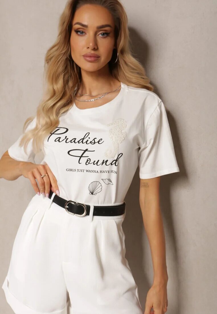 glo-story Tricou Alb Casual din Bumbac cu Imprimeu și Perle Biolexa